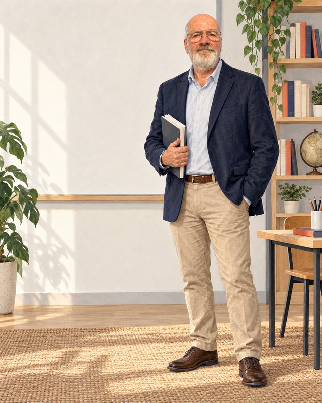Illustrated full-length portrait of Tom Johnson holding a book